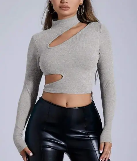 

Top Women 2026 Spring Autumn New Solid Color Half High Neck Long Sleeve Sexy Hollow Out Slim Fit Versatile Basic Crop T-Shirt