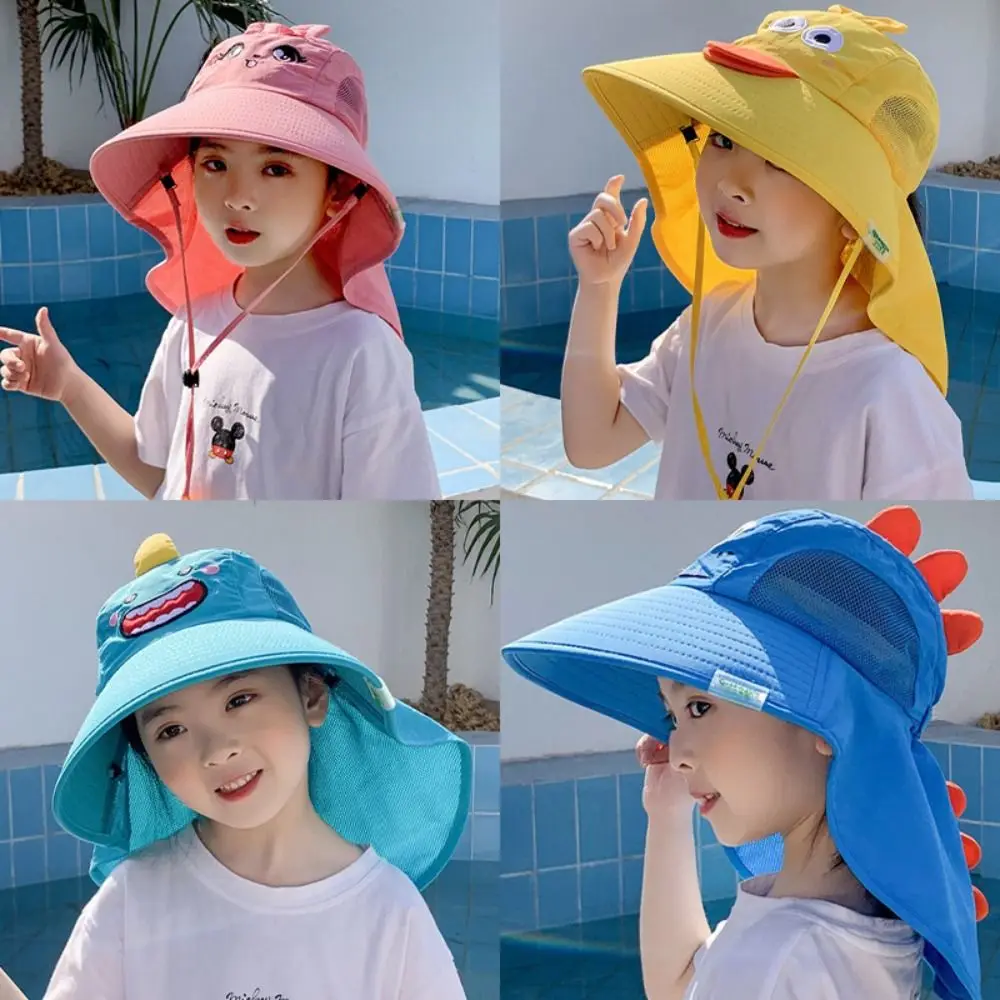 

Portable Fashionable Children Sun Hat Anti UV Protection Cartoon Dinosaur Beach Caps Breathable Wide Brim Neck Ear Cover Kids