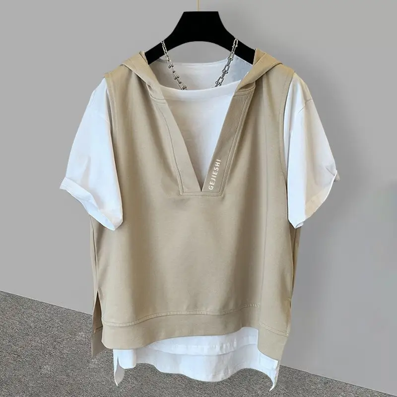 Embroidered hooded short-sleeved t-shirt men's summer trend versatile loose half-sleeved t-shirt