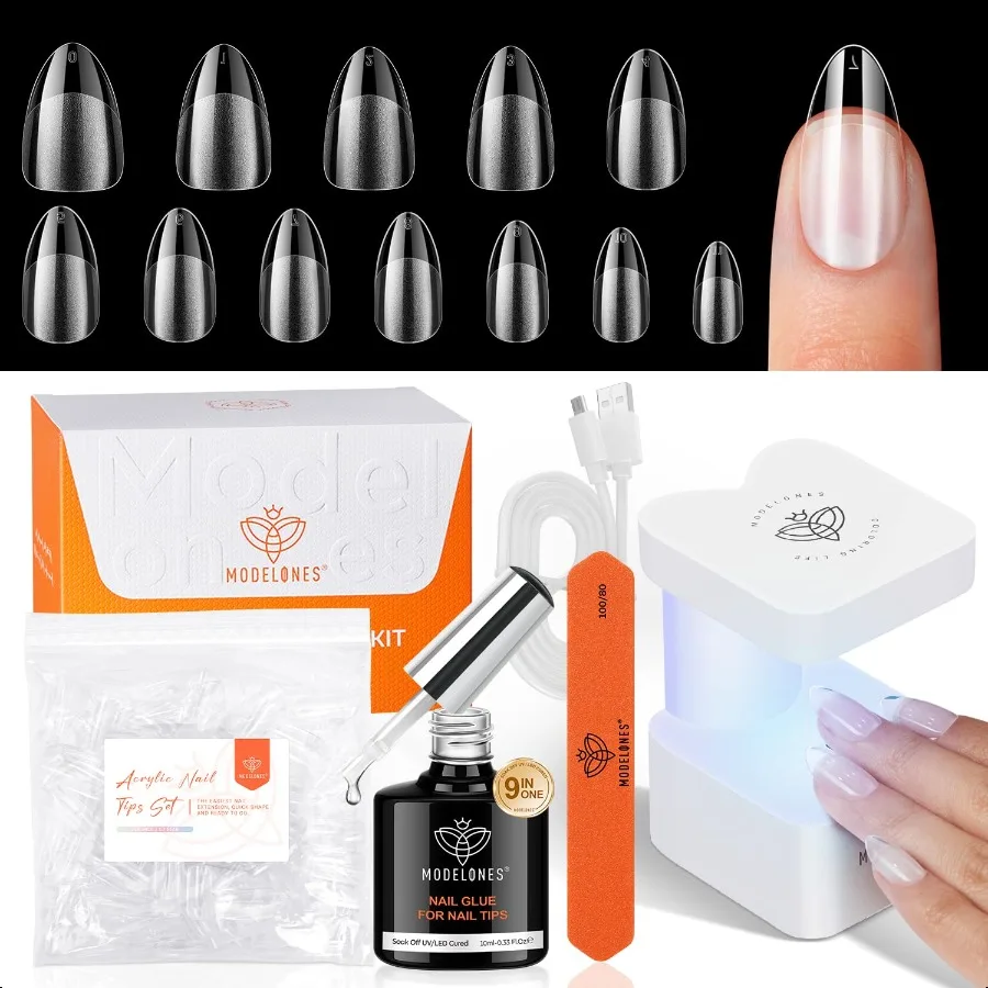 

modelones Gel Nail Kit Medium Almond Gel Nail Tips 9inOne Nail Glue with Portable U V Nail Lamp 216Pcs 12Sizes Pr On Acrylic Fa