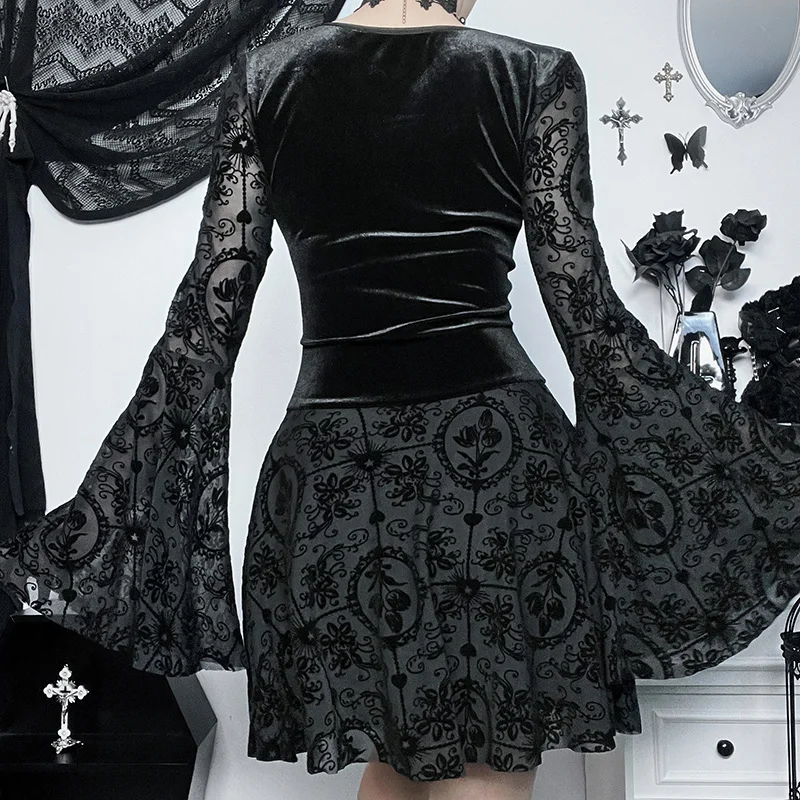 Gothic Style Dark Bell Sleeve Mesh Flocking Long Sleeve Dress Women\'s A-Line Skirt Halloween Costume