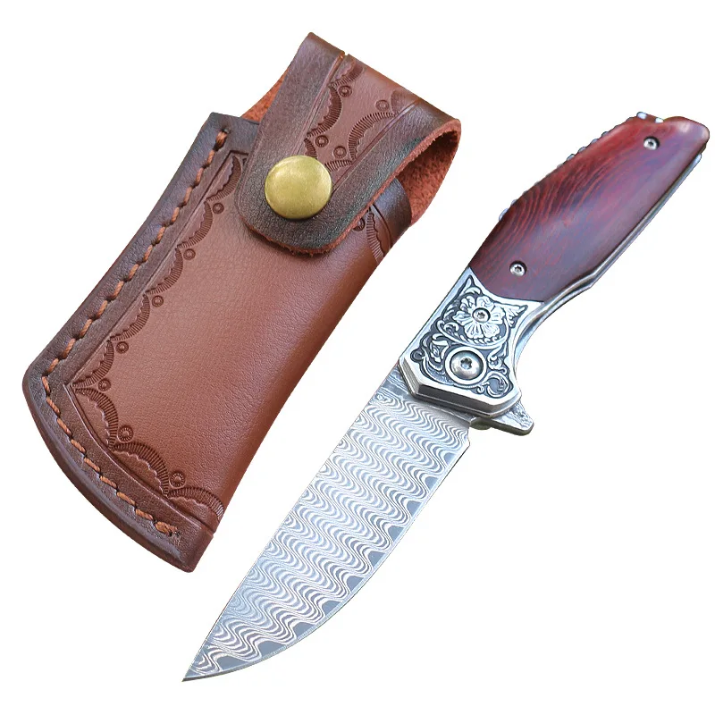 

Sandalwood Outdoor Knife Damascus Folding Camping Survival Science Small Knife Portable Self-defense Knife