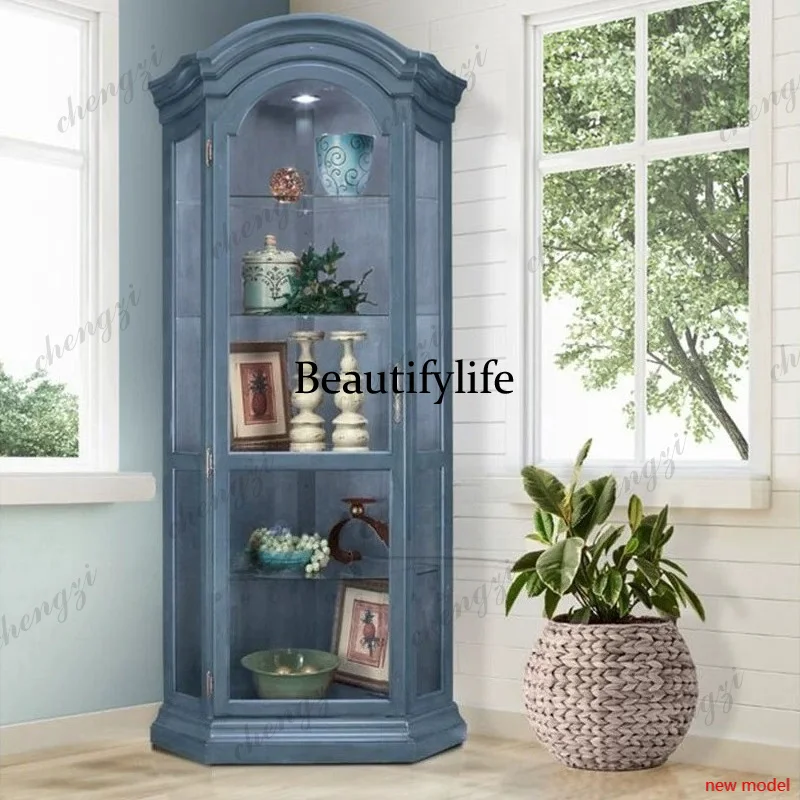 h178French solid wood retro wine cabinet, living room corner glass cabinet, American small apartment model room storage and dini