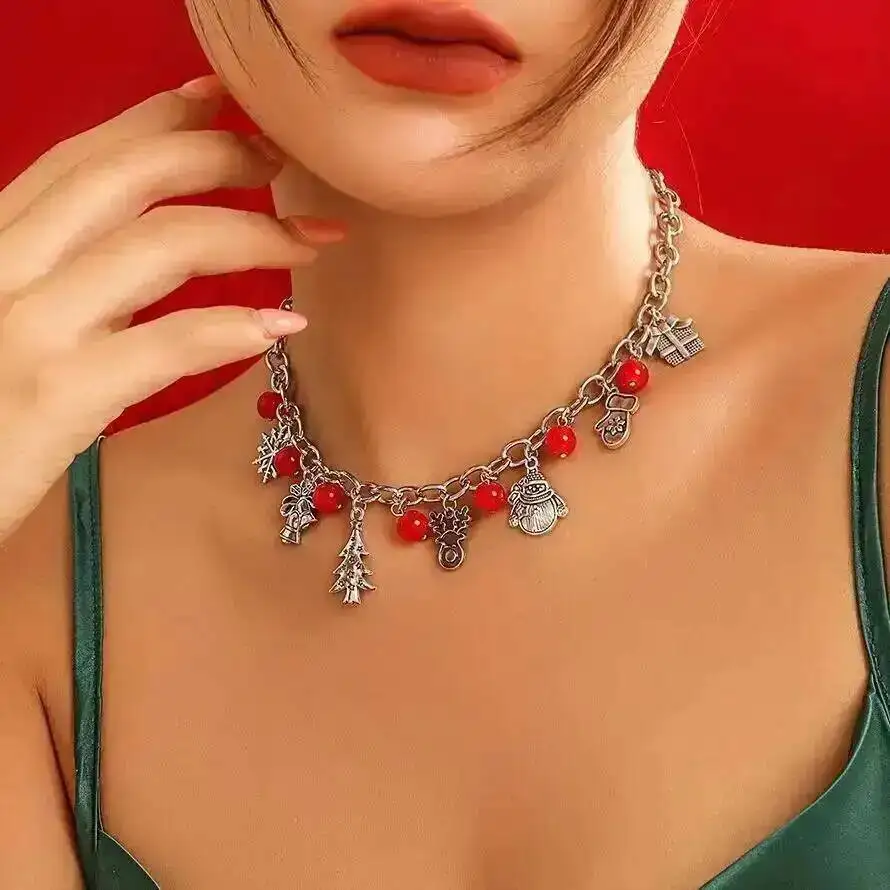 

Salircon 2026 New Christmas Serie Necklace Women Silver Color Santa Claus Elk Snowman Bell Pendant Metal Chain Neck Jewelry Gift