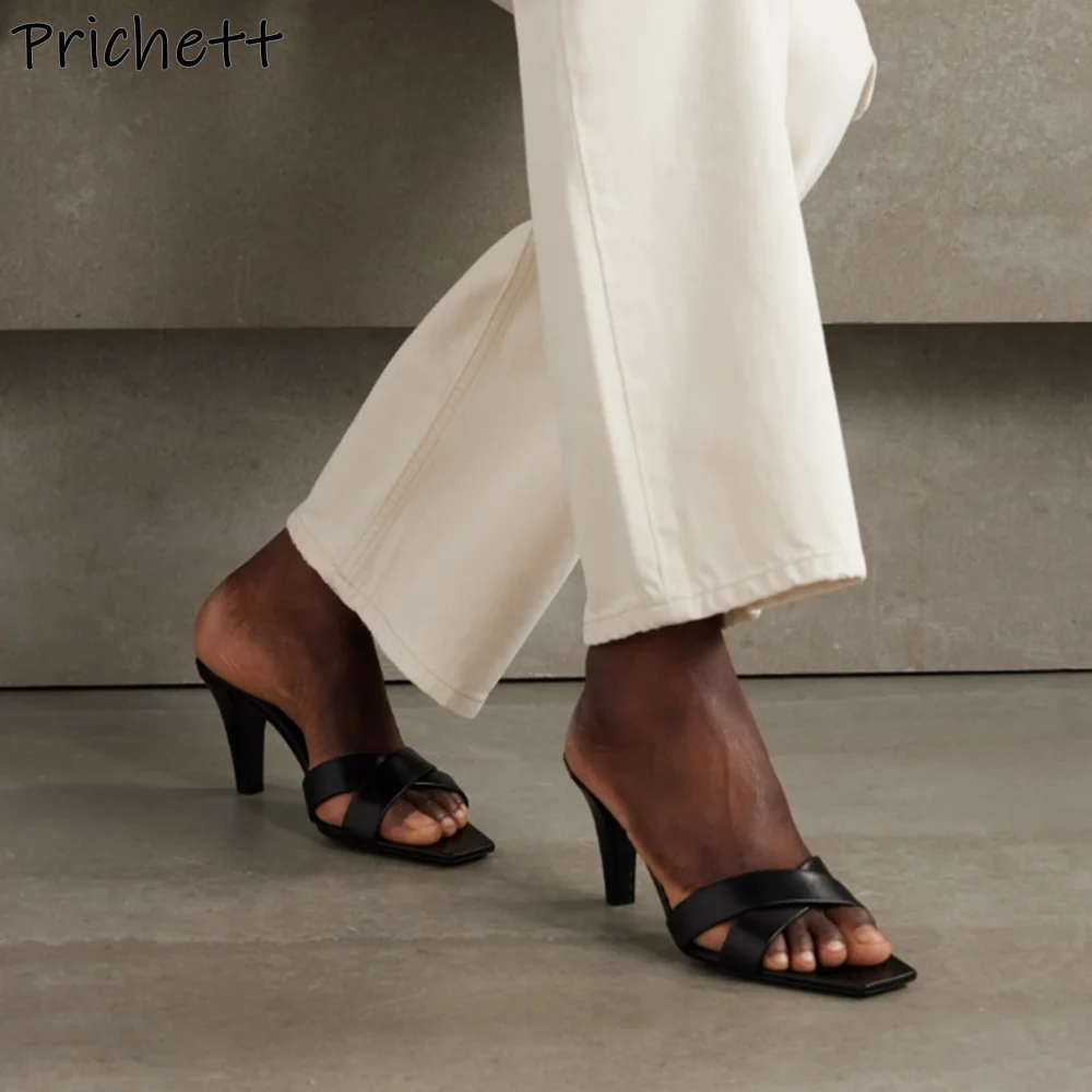 

Cross Tied Slippers Square Toe Leather Black Chunky Heels Slip On Leisure Shoes Women's Summer Sexy Fashion Outdoor Slippers