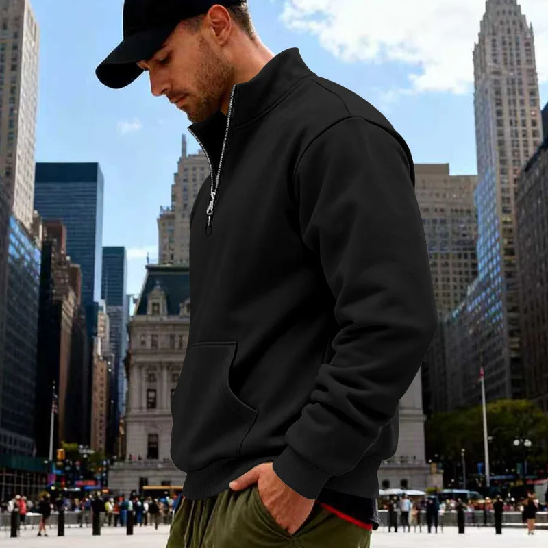 Grenzübergreifender Herbst- und Winter-Samt-Pullover für Herren, locker geschnitten, im Retro-Stil, lässig, mit Stehkragen, halbem Reißverschluss und Taschen für Pendler. – Detail 17