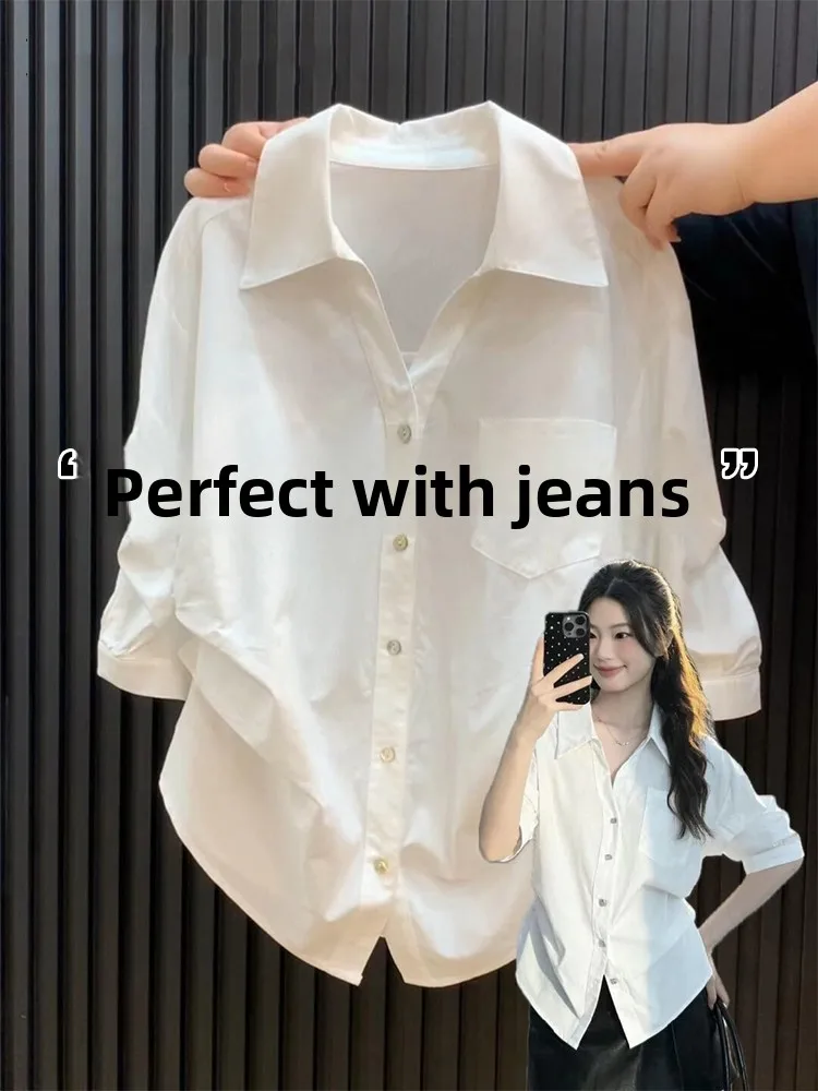 

White V-Neck Mid-Sleeve Shirt Women Summer Outdoor Loose Sun Protection Pleated Waist-Cinching Slimming Top Commute Style