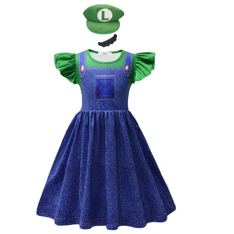 Anime Super Luanti Bros Cosplay fantasia para meninas, irmãos do Dia das Bruxas vestir, carta chapéu, barba, pêssego vestido de princesa, novo