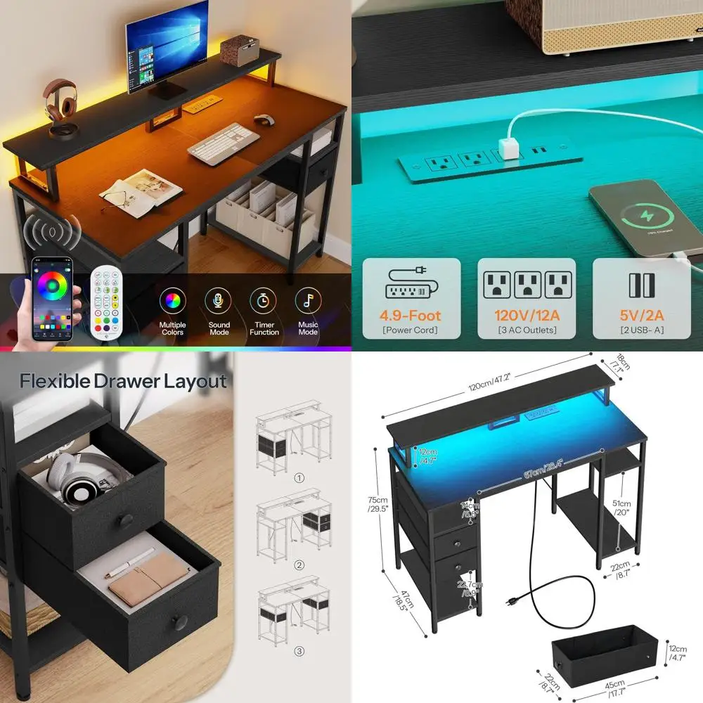 LED-lit 47 Gaming Desk with Power Outlets, Monitor Stand, Drawers & Storage for Home Office, Study, and Work, Black