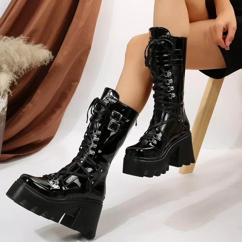 Winter 2024 New Women\'s Fashion Mid Tube Boots Lace Up High Platform Wedge Boots New Women\'s Fashion Solid Color Boots