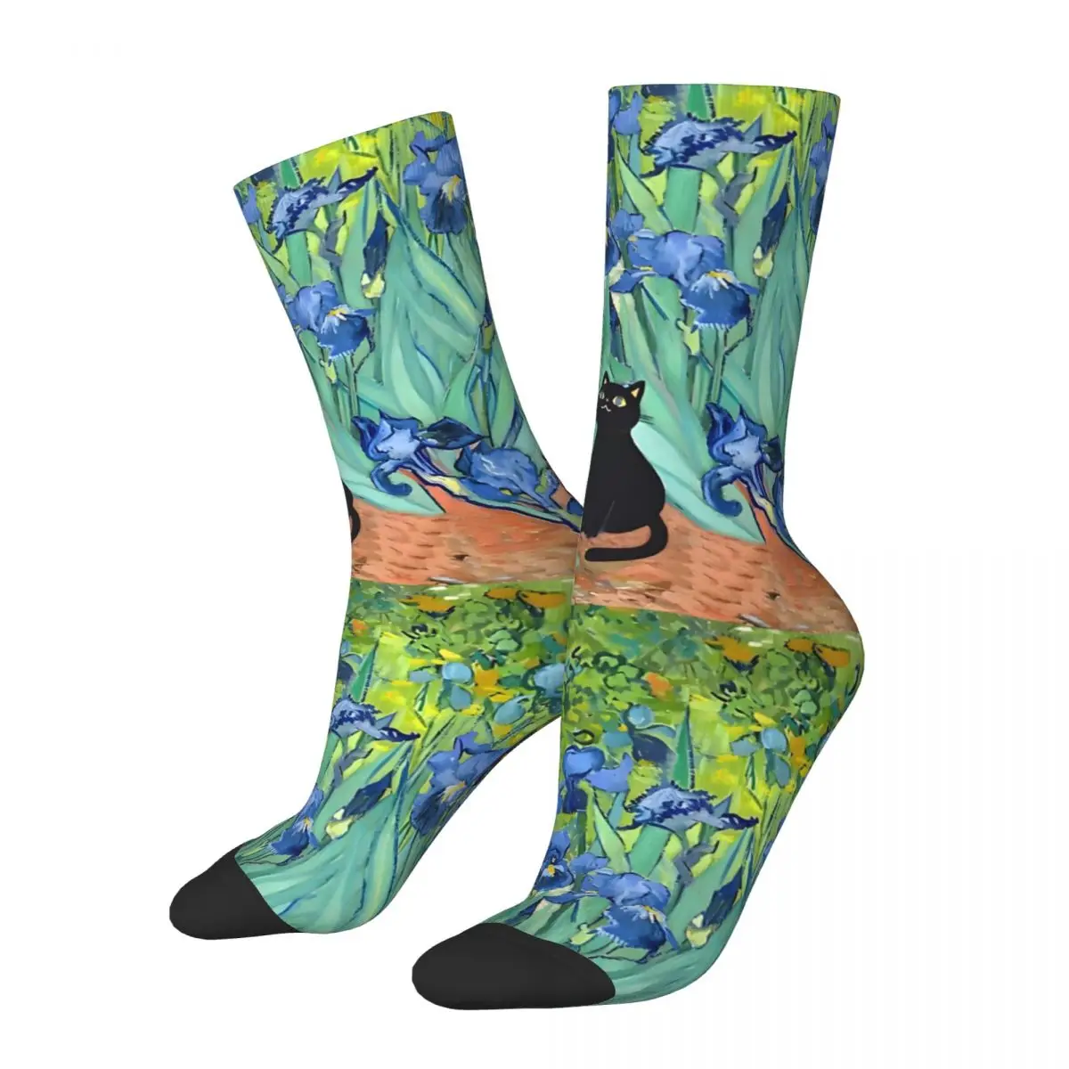 Funny Happy Sock for Men Van Gogh Irises Cat Hip Hop Breathable Pattern Printed Crew Sock Seamless Gift