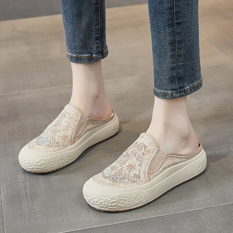 Air Mesh Lace Genuine Leather Comfy Lady Platform Wedge Slippers High Brand Breathable Summer Women Platform Wedge Casual Shoes