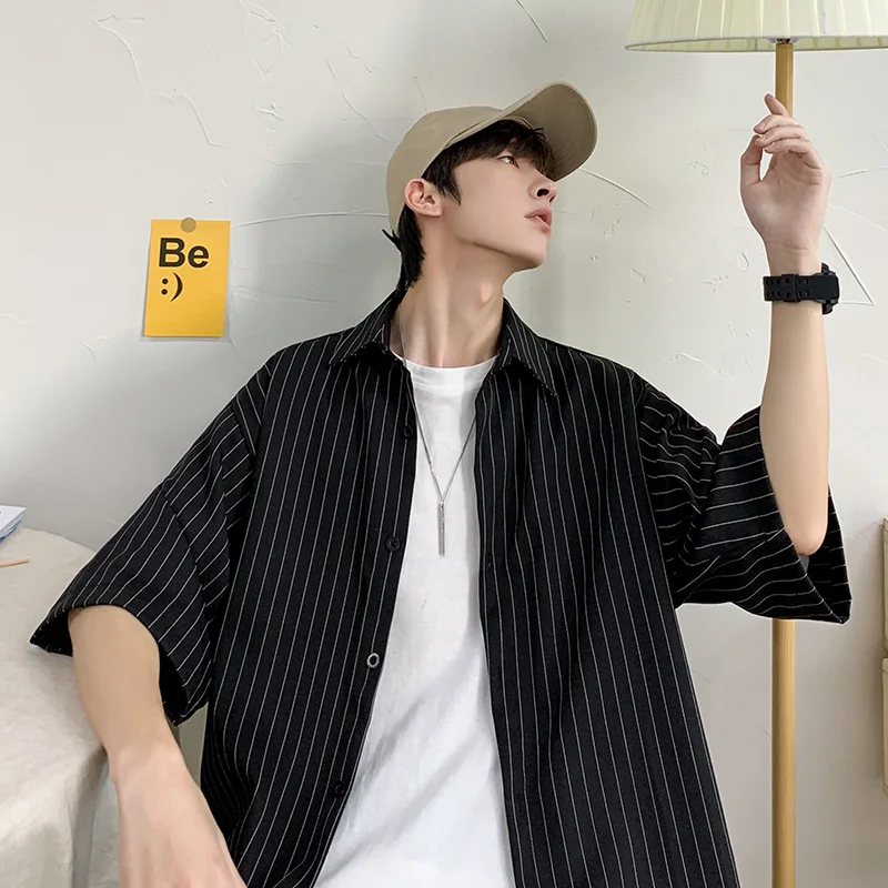 Summer Thin Handsome Shirt Men's Short Sleeve Casual Loose Korean Version Trendy Stripe Shirt Youth  Style No Ironing Requ...