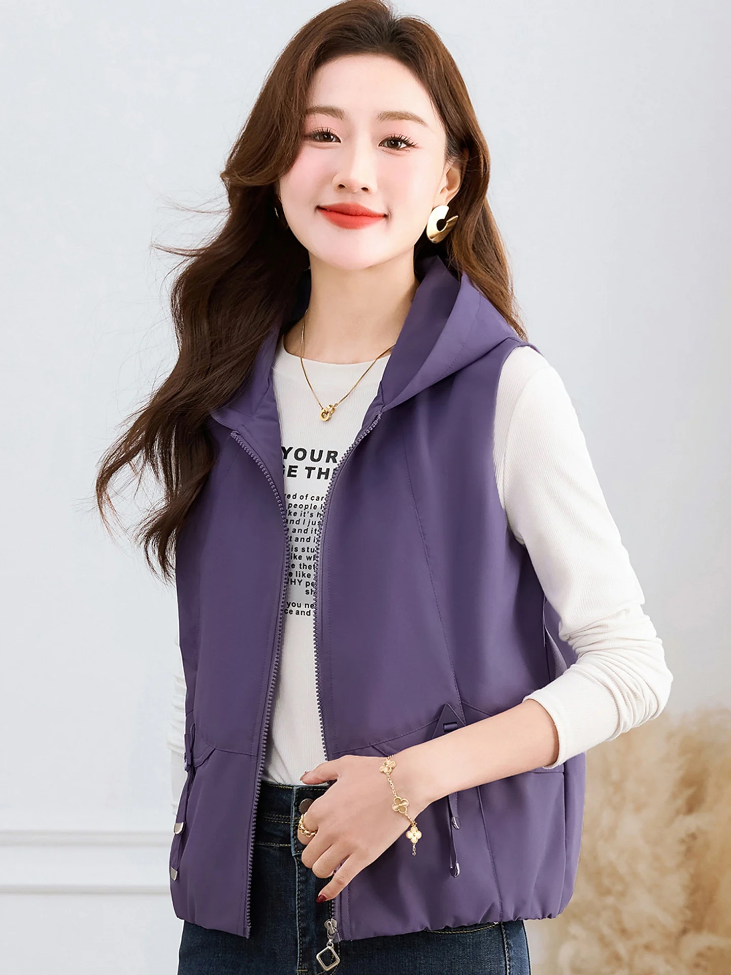 

Модная женская тонкая жилетка с капюшоном на весну-осень, новая, фиолетовая, повседневная, свободного кроя, стандартной длины, на молнии