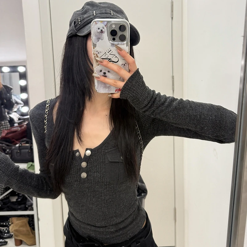 Genayooa Korean Vintage Cotton T Shirt Women Long Sleeve Skinny Y2k American Retro 90s Crop Tops Streetwear Pocket Tee Tops