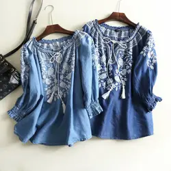 2023 nuova moda primavera Casual camicia di jeans donna scollo a v nappa allentata Boho etnico Vintage ricamo camicetta top Blusa Feminina