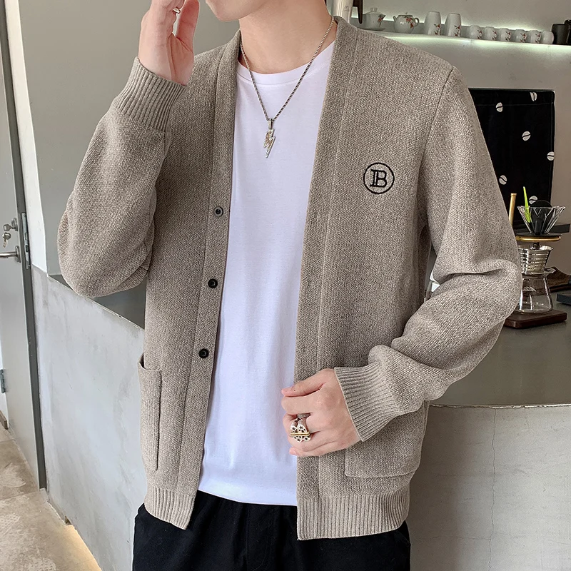 

Мужской вязаный кардиган свободного кроя с длинными рукавами, модный повседневный свитер с V-образным вырезом, осенняя коллекция