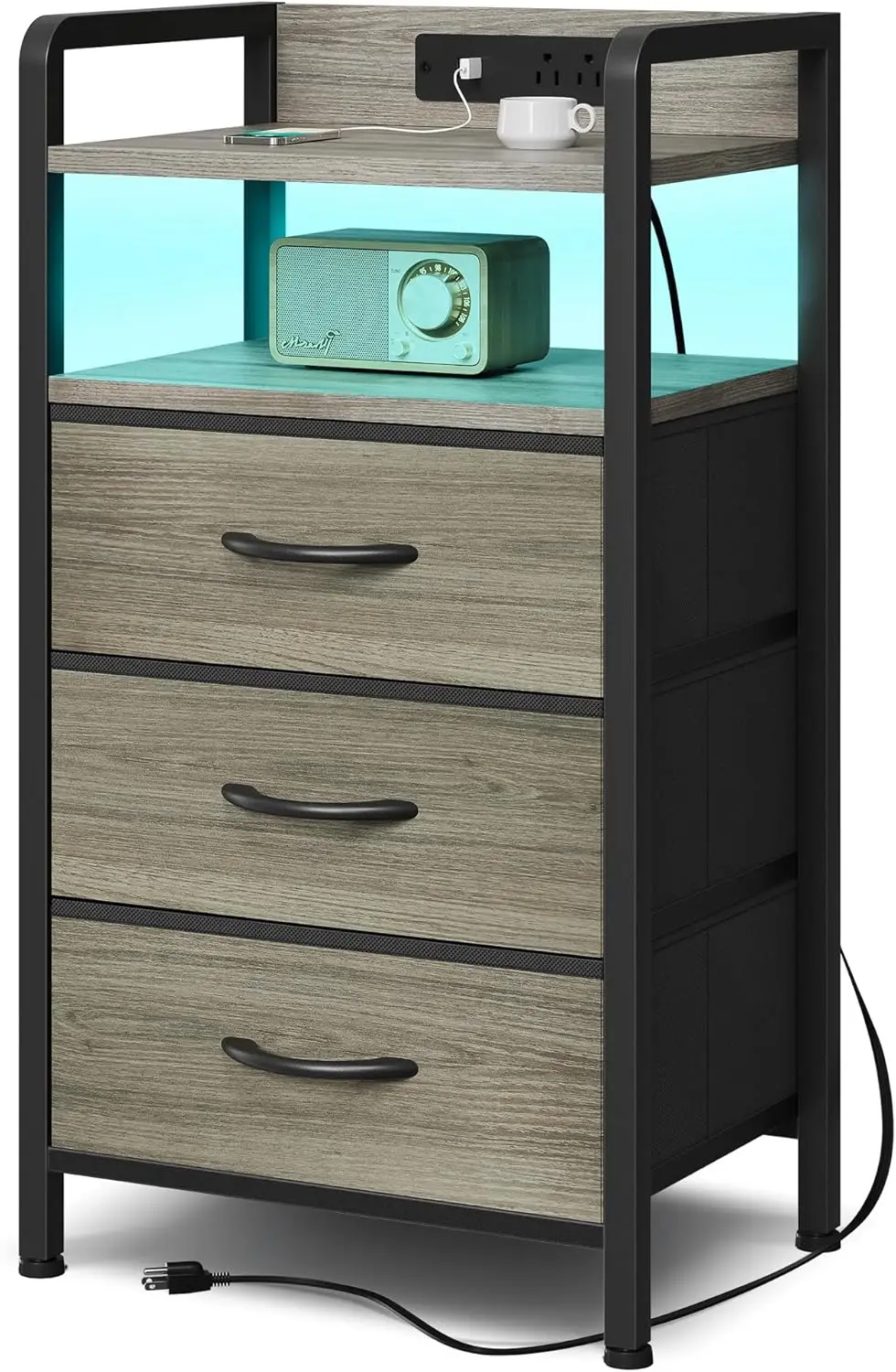 

Night Stand with Charging Station - LED Light Strip, USB Ports & AC Outlets, 3 Drawers, Storage Shelf