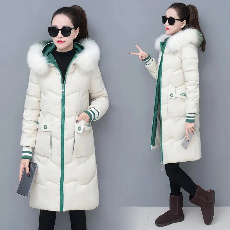 

2022 Winter New Down Cotton Coat Womens Fashion Slim All-match Casual Padded Jacket Large Size Printing Fur Collar Thick Paraks