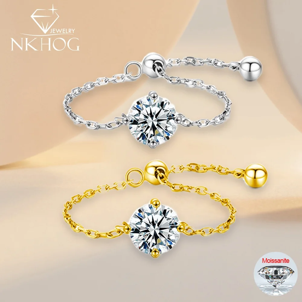 

NKHOG 6.5mm Real Moissanite Rings For Women S925 Silver Adjustable Chain Band Sparkling Diamond Ring 18K Plated Fine Jewelry GRA
