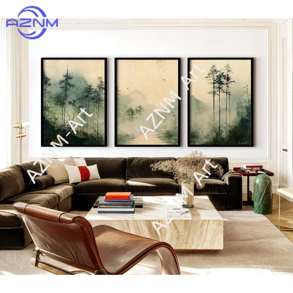 1/3PCS ，Vintage Japandi Decor, Wabi Sabi Mountain, Minimalist Mid Century Modern, Sage Green Ink Wash Landscape