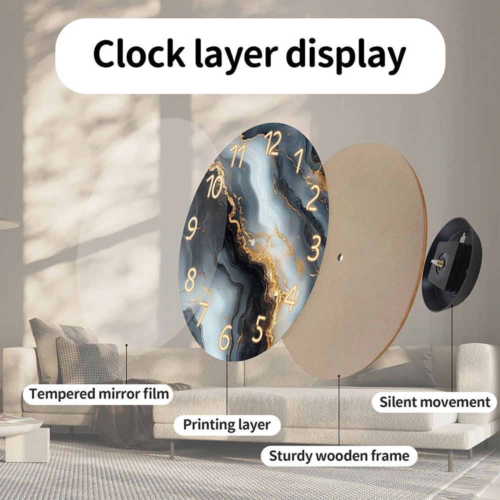 1 piece wooden wall clock, fantasy theme - blue and gold marble - like texture pattern tempered film veneer silent clock, suitab