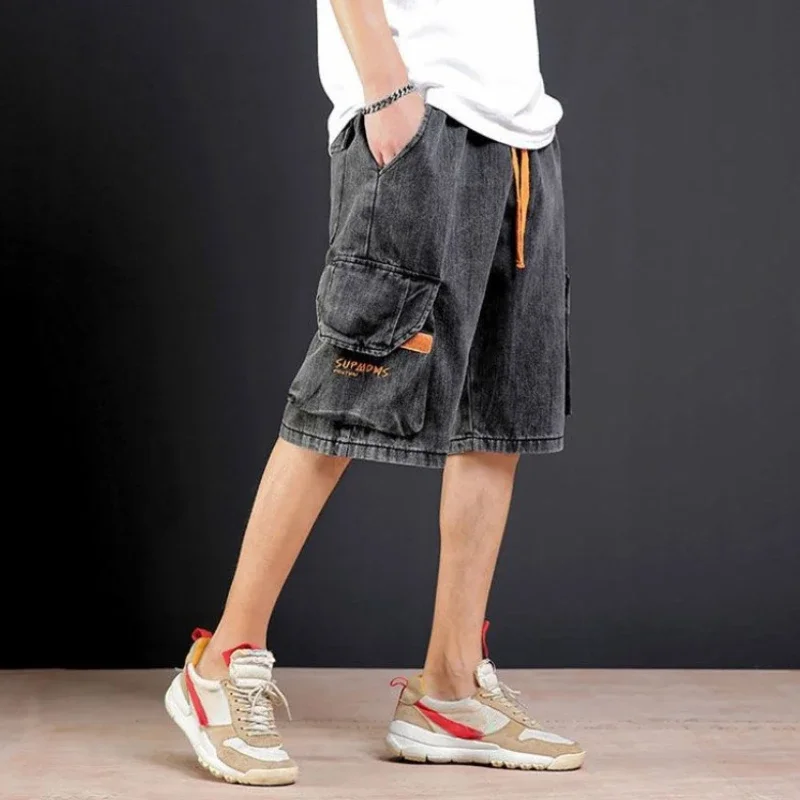 Long Drawstring Half Men\'s Short Jeans Pants Straight Male Denim Shorts Bermuda Korean Fashion Designer Rude Thin Buttons Cut Xl