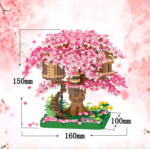 Creative Architecture Micro Diamond Block Cherry Blossom Tree House Building Brick Toys Figures Model Nanobricks With Light