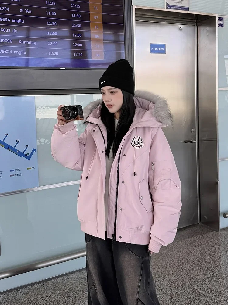 معطف شتوي نسائي لعام 2025 من النيلون الوردي للدفء من القطن Du down Jaet USA Sle معطف كبير الحجم بياقة Fce معطف مملوء