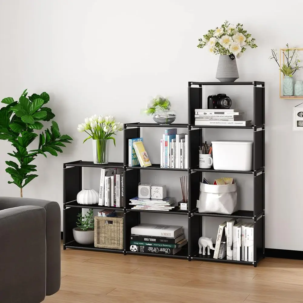 Vertical 9-Cube Storage Unit for Books and Decor, Dual-Tiered Black Shelving Rack for Living Spaces