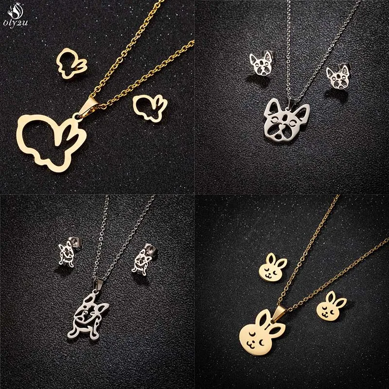 Cute Rabbit Pendant Necklace for Women Stainless Steel Animal Jewelry Set Girls French Bulldog Earring Accessories Wholesale