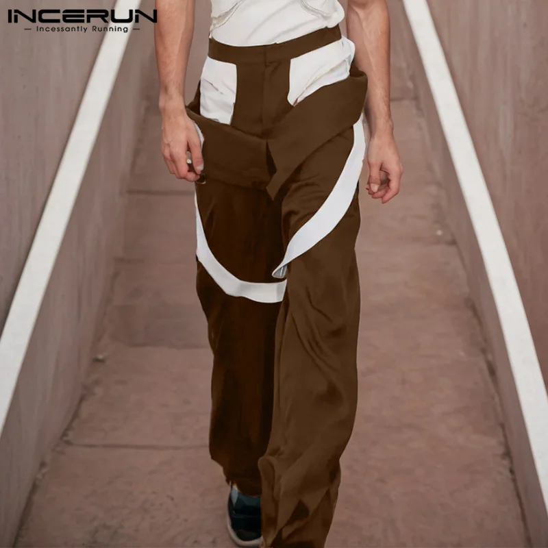 

INCERUN Men Loose Colorblock Long Pants 2025 Casual Handsome Hollow Out Trousers American Style Male Wide Leg Trousers Bottoms