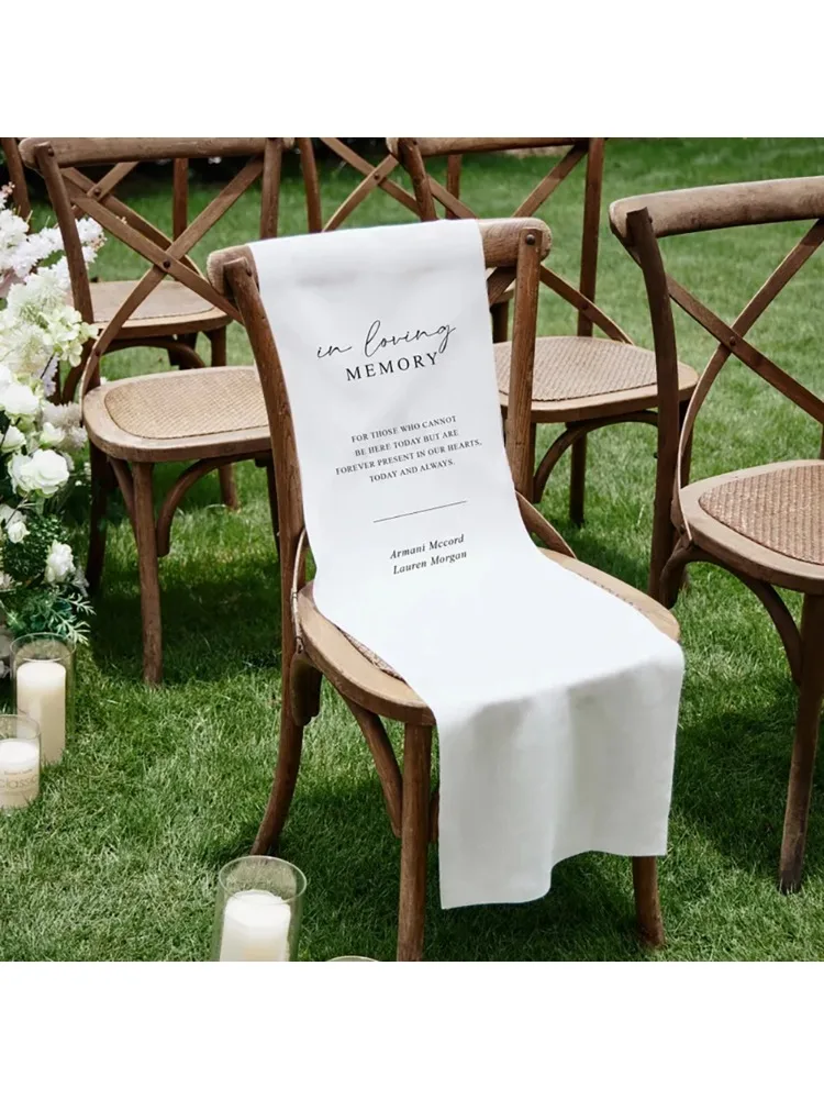 Panneau de mariage personnalisé à mémoire d'amour, bannière de chaise en lin blanc, signe d'allée de mariage, décor de cérémonie de souvenir, réception nuptiale