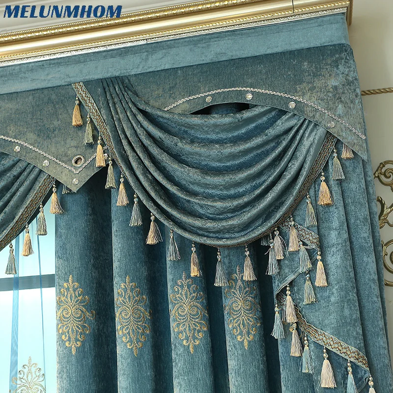 Melunmhom Luxury Curtains Tulle for Living Room European Blue Chenille Embroidery Velvet Curtains Tulle Bedroom Decorate Panel