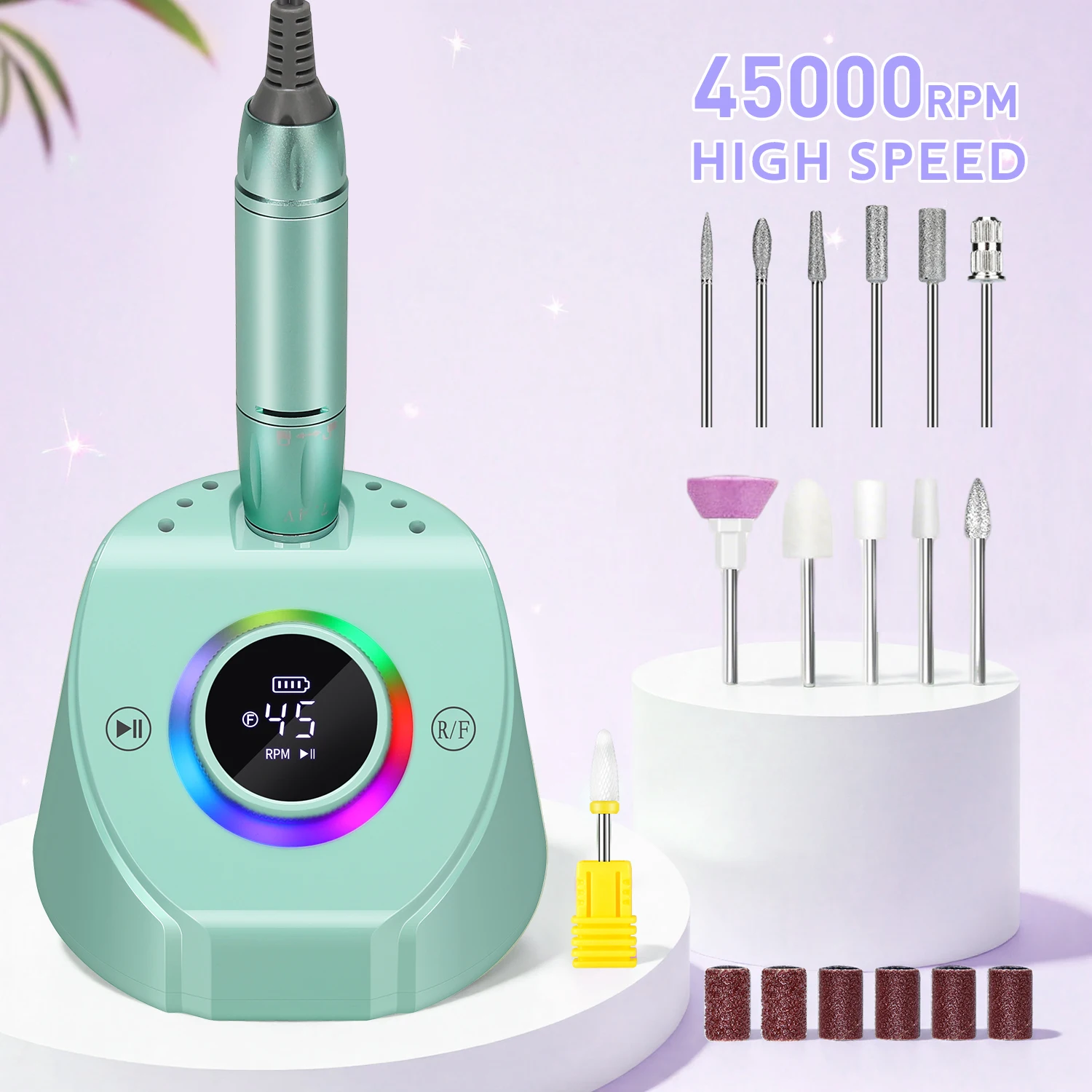 45000RPM Electric Nail Drill  Rechargeable Nail Grinder Professional Manicure Tool  With 8-color Dazzling Light For Salon Home