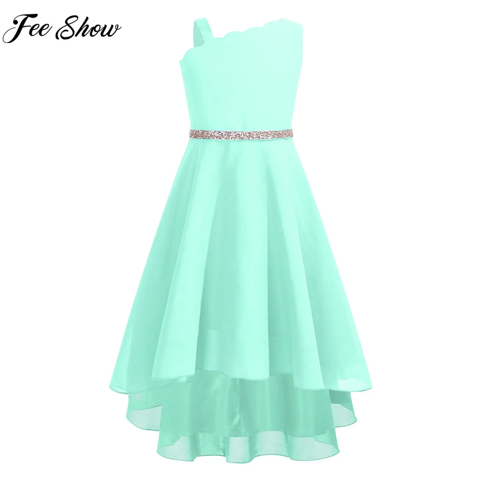 Children Girls Elegant Hi-Low Chiffon Party Dresses with Shiny Belt Princess Gown Wedding Birthday Evening Pageant Formal Dress