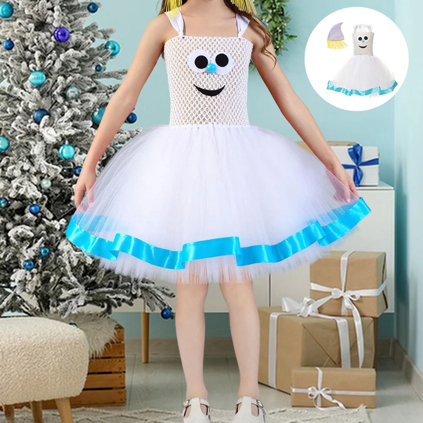 

Blue Fairy Outfits for Girls Sleeveless Tutu Dress with Pointed Hat 2Pcs Set Cosplay Accessory Costume