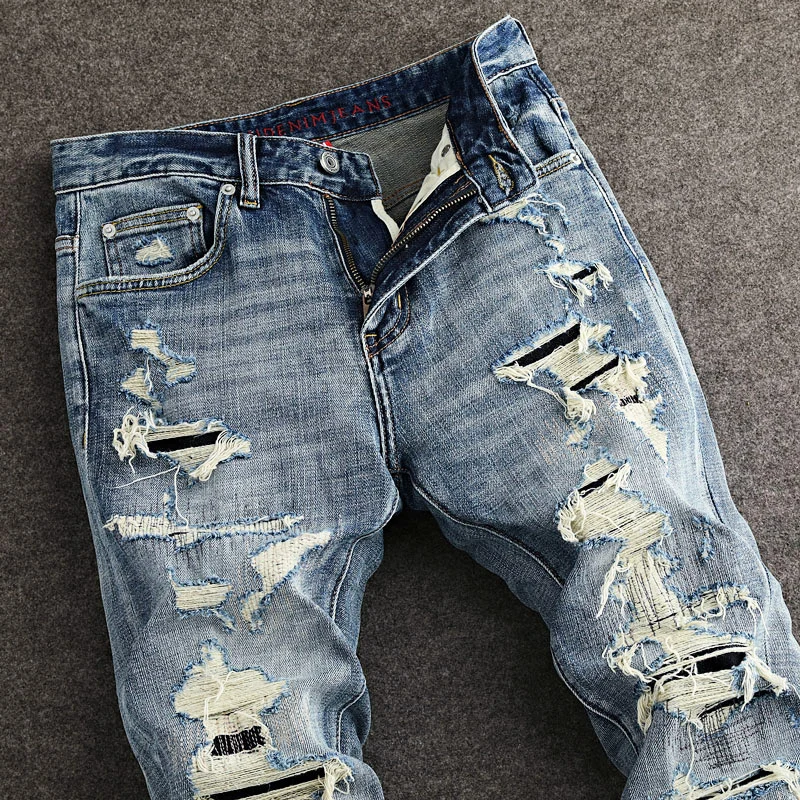 Street Designer Fashion Men Jeans High Quality Retro Blue Stretch Slim Fit Hole Patched Ripped Jeans Men Y2K Vintage Denim Pants
