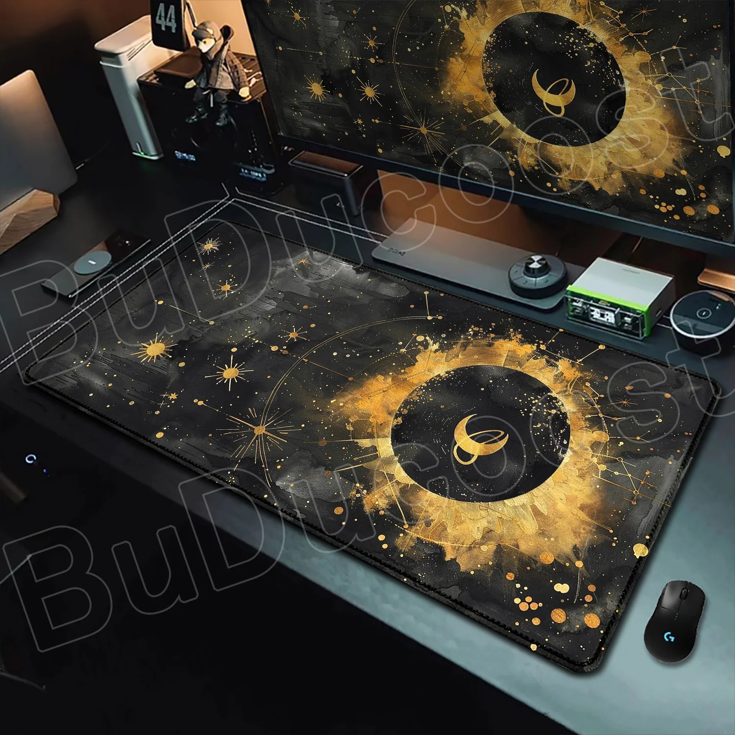 

HD Printing Celestial Mousepad Astrology Moon Phase Cycle in Black and Gold Stars in Space Desk Mats Mystical Non-slip Mouse Pad