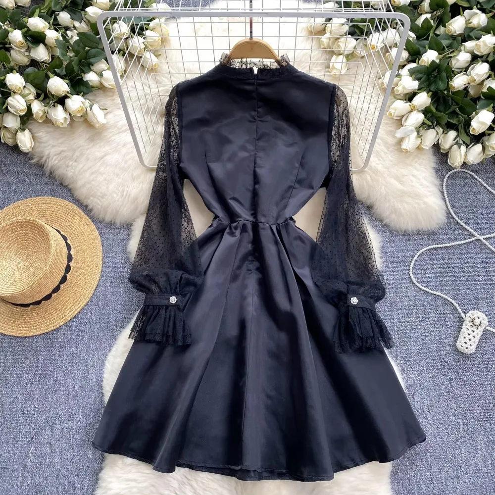 Vestido elegante y Sexy de malla de manga larga con cuentas, vestido bordado de retazos de malla, vestidos informales de noche franceses Vintage elegantes para mujer