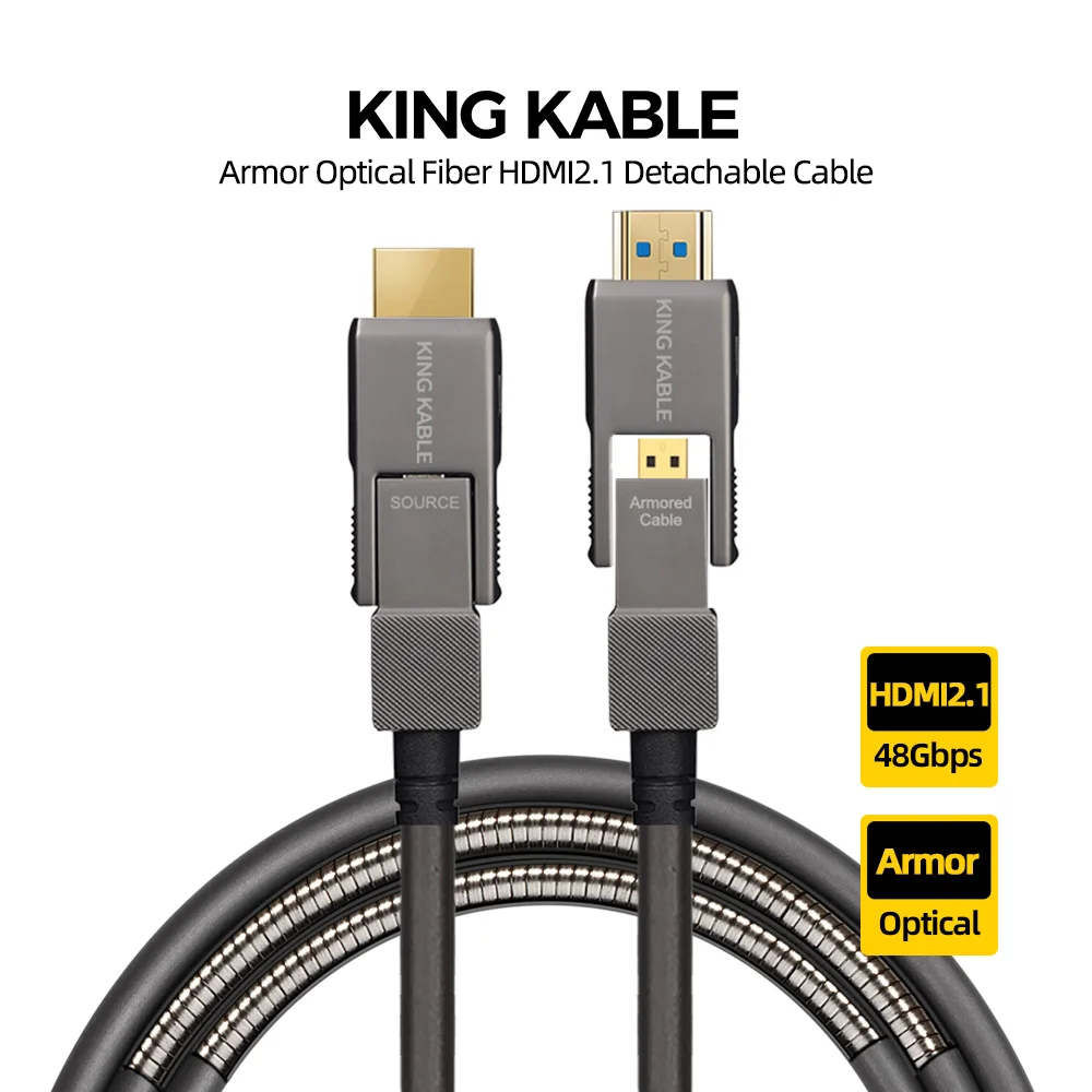 KING KABLE Armor Optical Fiber HDMI2.1 Cable Detachable Cord In-Wall Wiring 8K60 4K120 For PS5 PC Monitor Matrix 10M 15M 20M 30M