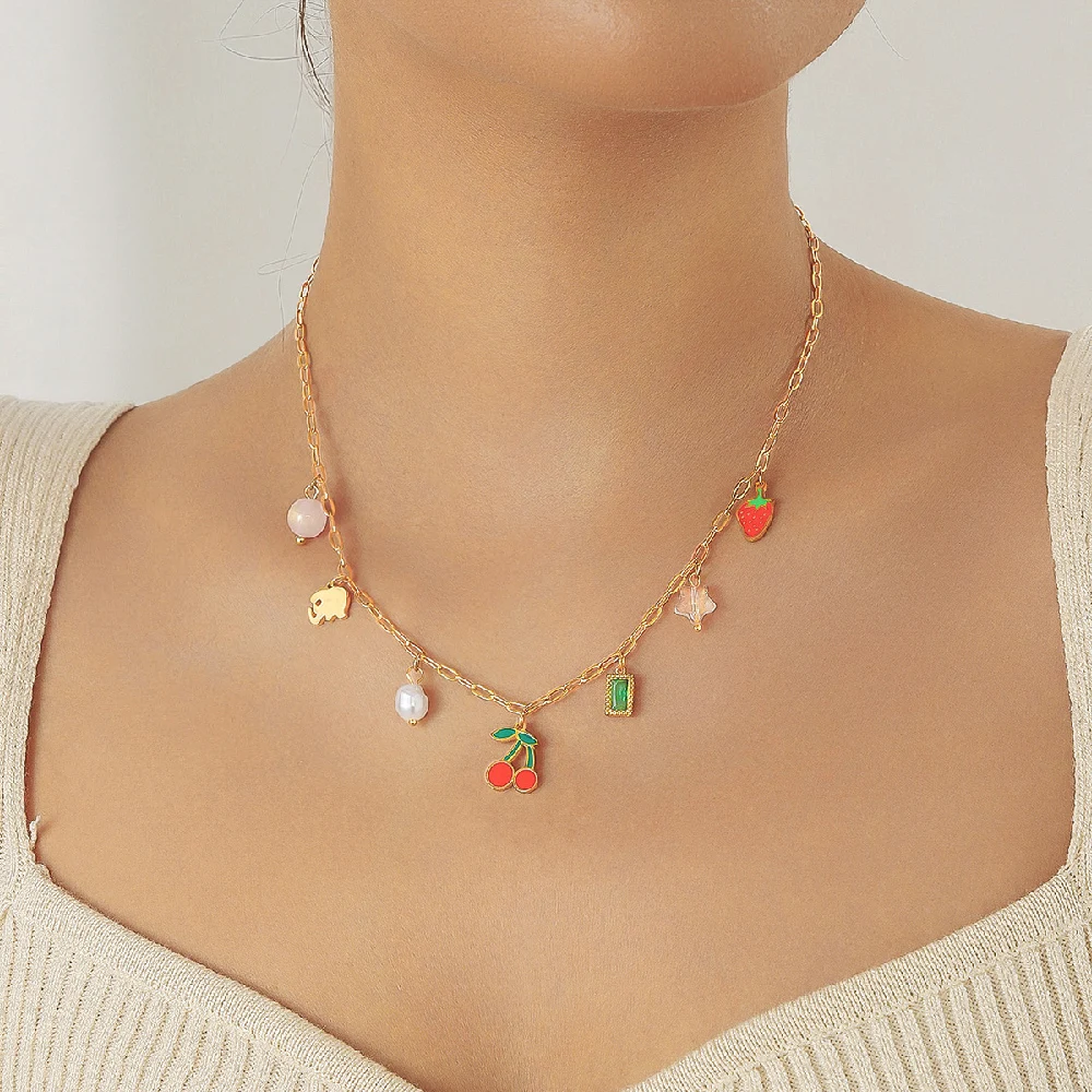 DIEYURO 316L Stainless Steel Pearl Strawberry Cherry Multiple Pendants Necklace For Women Fashion Trend Girl Jewelry Gift Joyas