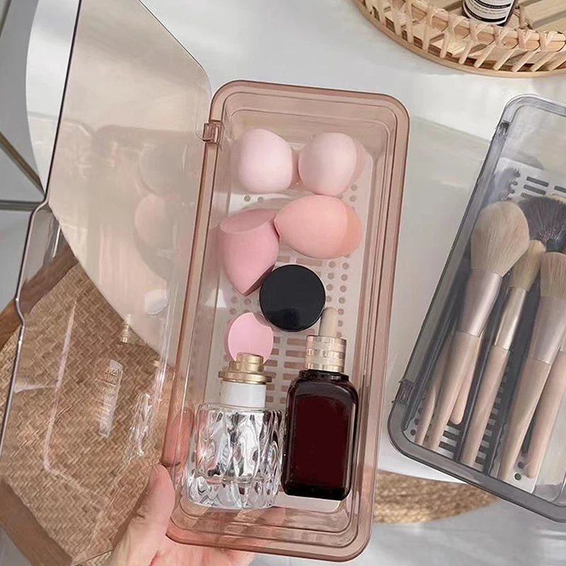 Transparent Makeup Brush Storage Box Dustproof Beauty Egg Lipstick Storage Box With Cover Portable Desktop Storage Bucket