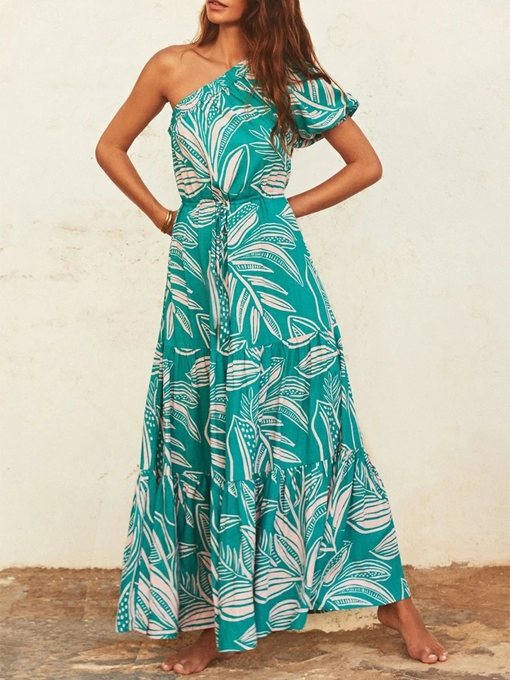 

Bohemian Style Slash Collar Floral Print Dress Summer New Sexy High Waist Pleated Vacation Dress Lady One-shoulder Sleeve Dress