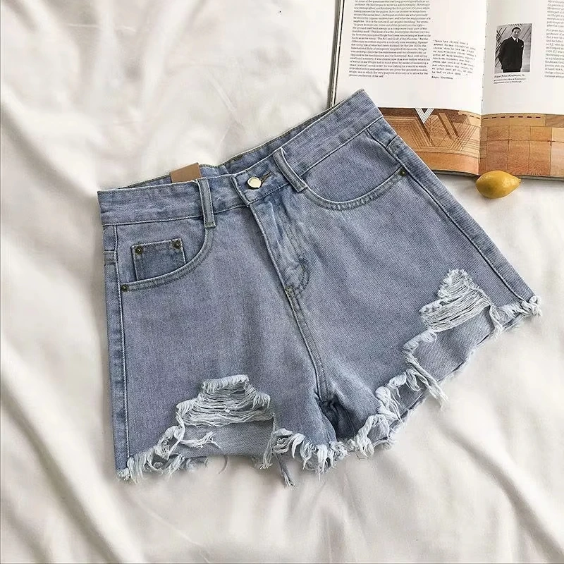 Coreano denim shorts feminino verão moda casual cintura alta rasgado jeans bolso borla y2k calças quentes streetwear calças azuis