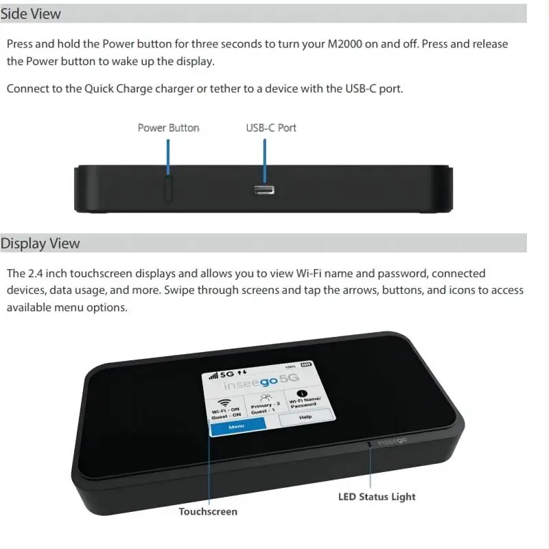 Imagem -03 - Roteador Wifi Móvel M2000b 2.5gbps Down 316mbps 5g Mifi 2.4 Color Touchscreen Pocket Hotspot Slot para Cartão Sim Novo Inseego-m2000b