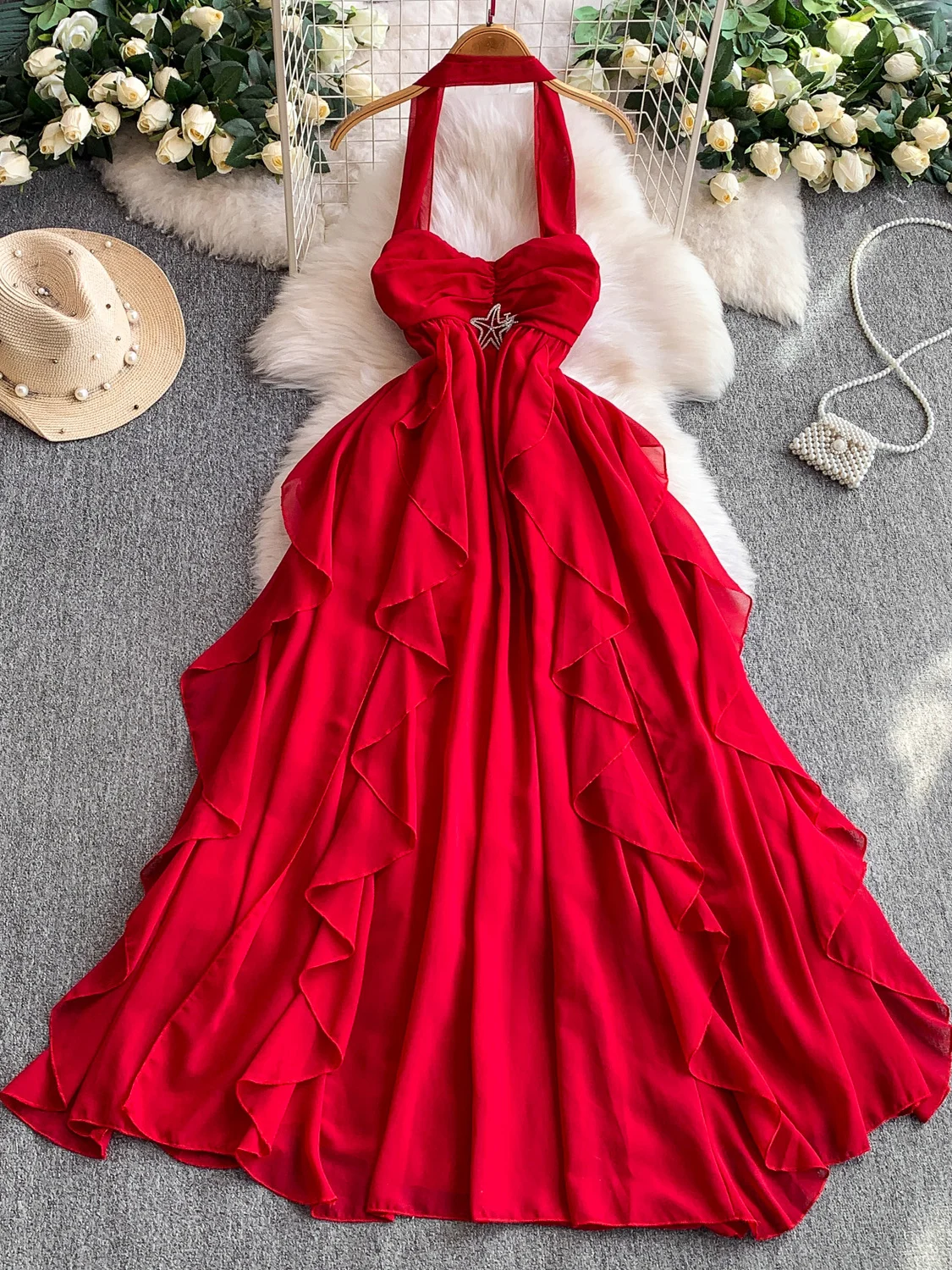 

Sexy Bal Ne Hanging Long Dr Women's Summer Slimming A-Line Skirt Beach Vaion Sle High Waist Bell Sve withou...