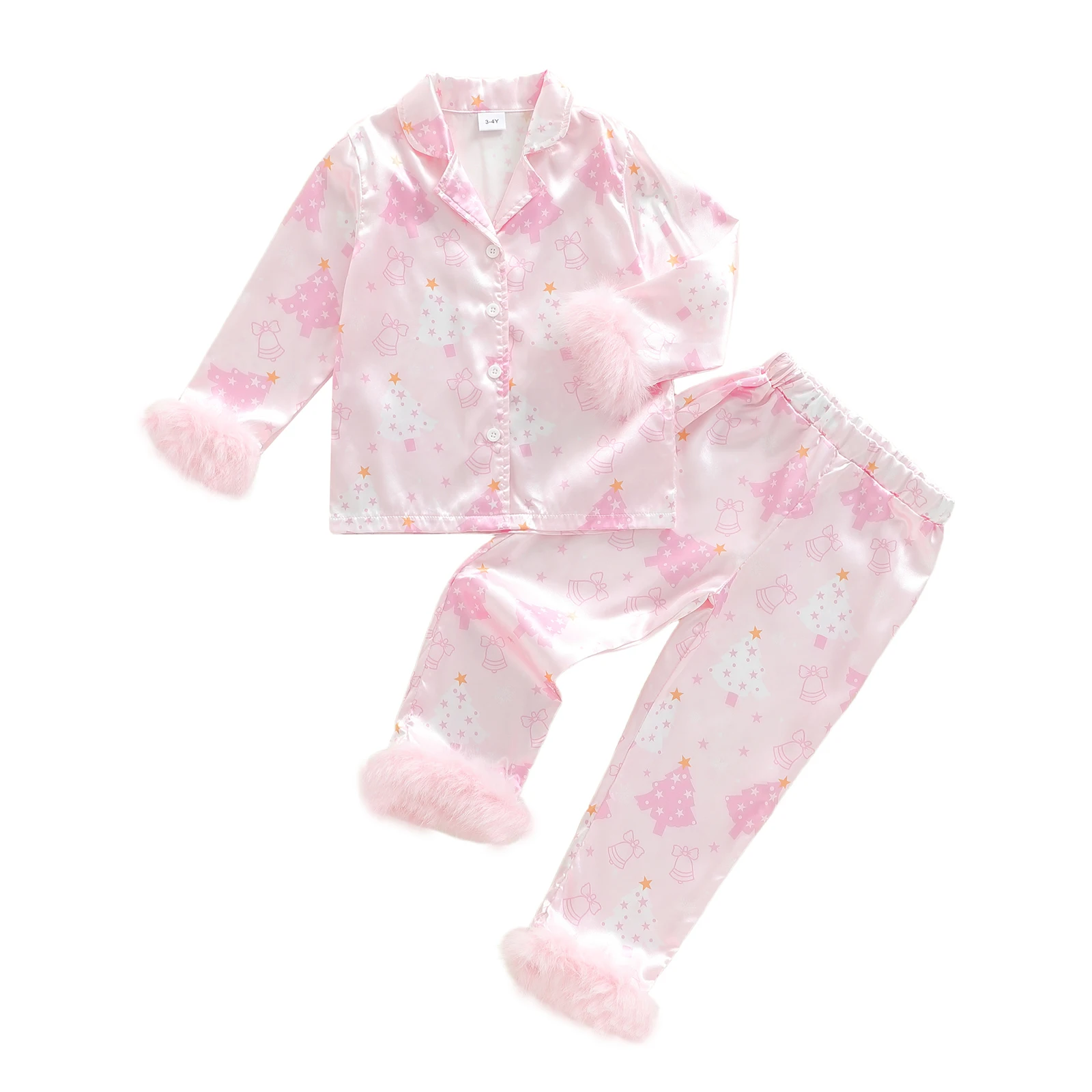 

Toddler Girl Christmas Satin Pajamas Set Tree Print Lapel Long Sleeve Button Down Tops with Pants Sleepwear
