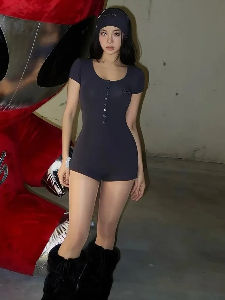 2025년 신상 순색 버튼 고탄력 U넥 오버올 섹시 슬림 섹시 걸 오버올 면 혼방 원단