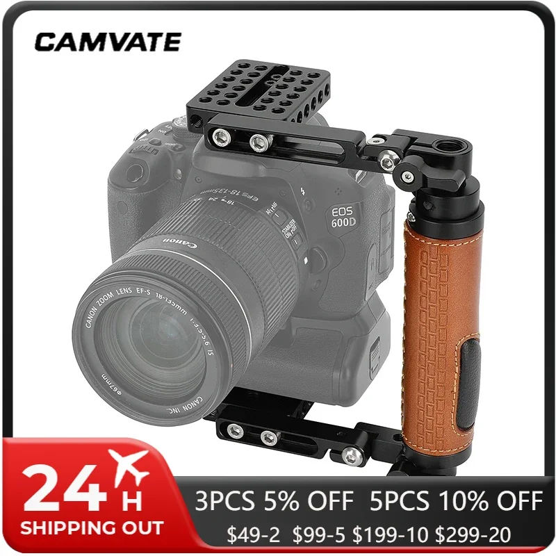 CAMVATE Foldable Half Camera Cage Height-Adjustable with Leather Side Rod Handgrip for Large DSLRs& Mirrorless Cameras Video Rig